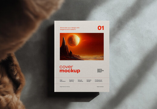 Top View Hardcover Book Mockup with Realistic Light and Fur Texture Accent &mdash; Editorial Cover Presentation for Creative Designers