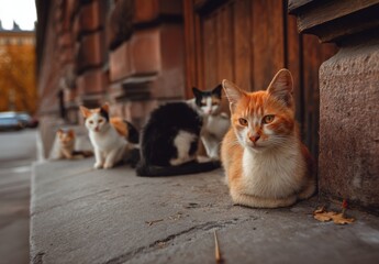 A group of curious cats sitting on a rustic stone sidewalk in an urban setting.