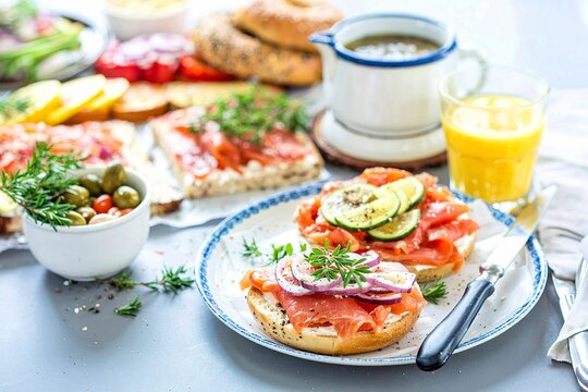 Bagels and lox platter for breakfast with vegetables and cream cheese