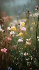 Wildflower meadow with pink, yellow, and white blossoms in summer light