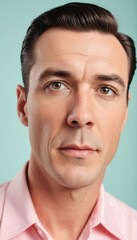 Obraz premium Caucasian male adult with pink shirt against blue background