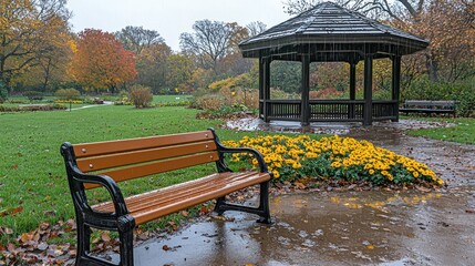 Obraz premium Autumnal Rain in the Park: A Serene Bench Scene
