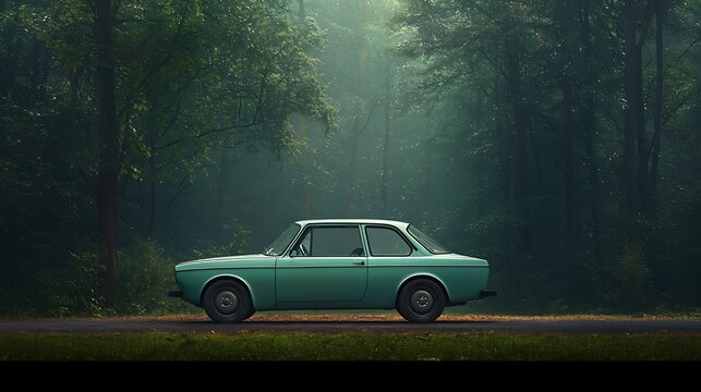 Fototapeta Vintage car with misty forest road.