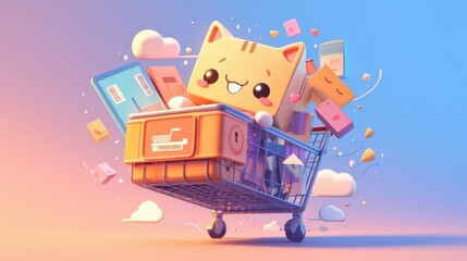 Cute carton cat sits in a tiny shopping cart filled with assorted items