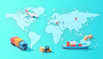 Illustration of global transportation and logistics, with plane, truck, and ship.