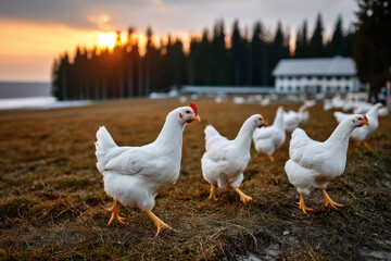 Fototapeta premium Chickens walking in a grassy field at sunset near a rustic building surrounded by trees in a serene countryside