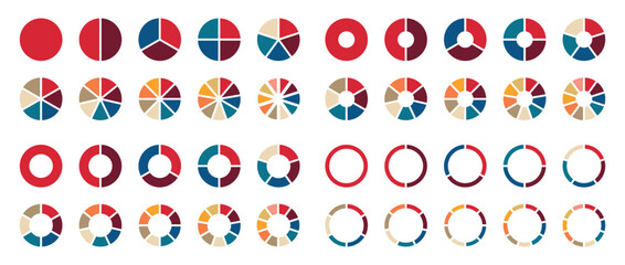 Circle pie chart diagram. Pie chart color icons. Segment slice sign. Circle section graph. 1,2,3,4,5,6,7,8,9,10 segment infographic. Colorful Pie chart set. Flat process cycle.  vector illustration