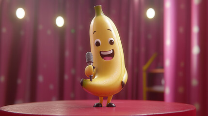 A banana holding a microphone, passionately performing on a tiny stage