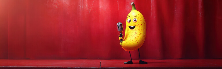 A banana holding a microphone, passionately performing on a tiny stage
