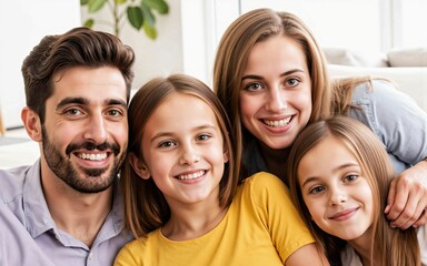 Fototapeta premium Happy modern family taking a selfie together at home, smiling parents with children and relatives bonding in a cozy living room