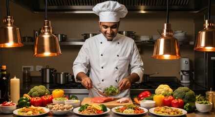 Chef Preparing Ingredients and Cooking Food in Restaurant Kitchen Setting