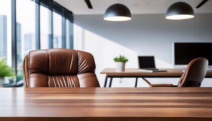 wooden table and brown leather chair in modern office interior