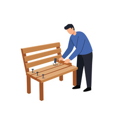 Man assembling a wooden bench in a flat, minimal vector illustration