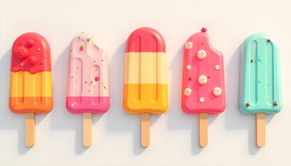 Delicious and refreshing summer popsicles in various colors and fruity flavors on a white background.