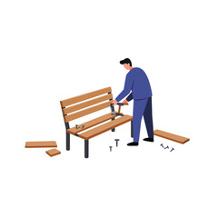 Man repairing a wooden bench in flat vector art style featuring tools and furniture elements vector illustration