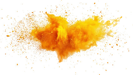 Holi paint explosion of dry yellow paints on a white transparent background.  Colorful holi powder on white background.