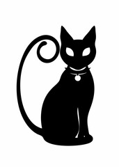 Black Cat Silhouette with White Eyes and Bell Collar – Monochrome Vector Art