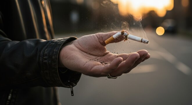 Breaking Cigarette in Hand Stop Smoking Concept with Sunlight