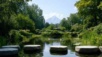 Fototapeta premium Peaceful Garden Pond With Mountain View