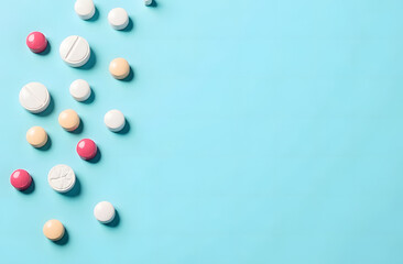 Assorted colorful pills and capsules scattered on a bright blue background. Concept of medicine, pharmacy, and healthcare