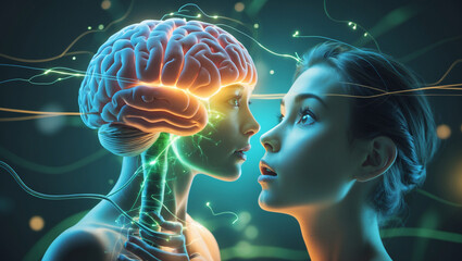 A woman mesmerized by a luminous brain, a breathtaking connection of mind and body, rendered in vibrant teal and orange hues.
