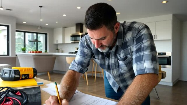 Construction professional reviews building plans in modern home renovation project at a sunny midday