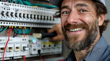 Electrician works on circuit panel in urban setting while discussing installation tips and safety practices