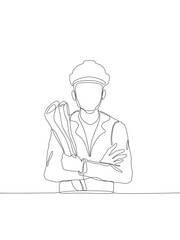 Continuous one line drawing of an architect or engineer wearing a safety helmet and holding blueprints. Minimalist single line art style. Vector Editable stroke