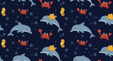 Drawn dolphins and other sea creatures on a blue background
