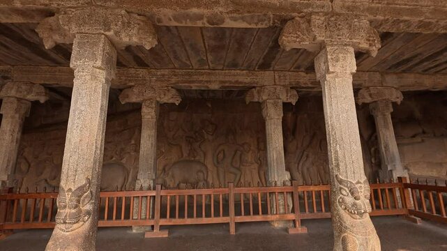 4K / 60 FPS - Exclusive Monolithic Rock Carved- Krishna Mandapam is UNESCO's World Heritage Site located at Mamallapuram or Mahabalipuram in Tamil Nadu, South India. Very ancient place in the world.