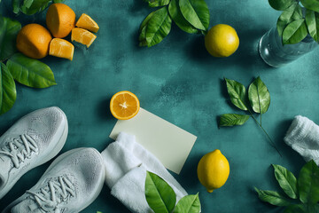 Flatlay showcasing teal background with oranges, lemons, leaves, white sneakers, towel, and blank card Mockup, suggesting healthy lifestyle and freshness