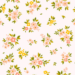 Seamless floral pattern, cute liberty ditsy print with mini hand drawn flowers in baby motif. Pretty botanical design collection small flowers, tiny leaves in pastel colors. Vector illustration. Stock