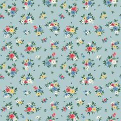 Fototapeta premium Vintage floral pattern in small abstract flowers. Small bright yellow, white and red flowers. Pale blue background. Ditsy print. Floral seamless background. Gentle template for fashion prints. Stock 