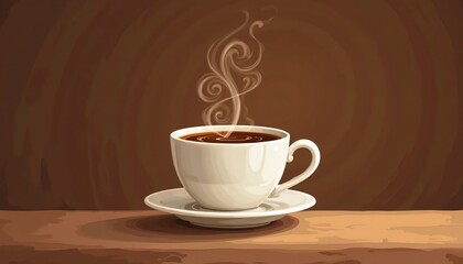 Obraz premium Elegant White Ceramic Cup with Steaming Coffee on a Matching Saucer Against a Warm Brown Background. 