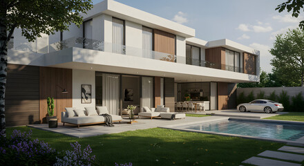 Fototapeta premium Modern Luxury Villa with Poolside Patio