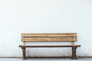 Fototapeta premium Empty wooden park bench against a white wall