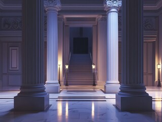 Fototapeta premium Grand hall with marble floor, illuminated by lamps, flanked by ornate columns, leading to a staircase. Elegant architectural design.