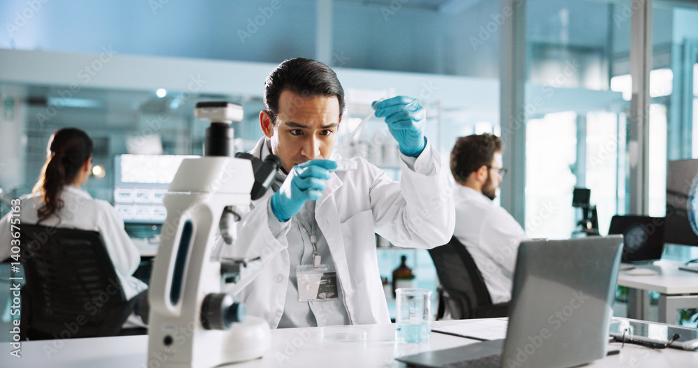 Poster microscope, chemical and scientist with man in laboratory for science sample, molecular reaction and