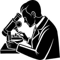 A silhouette of a researcher looking through a microscope, focused on a sample