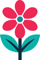 Simple Cartoon Red Flower with Teal Leaves