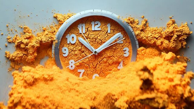 Exploding clock, time running out, vibrant orange powder, studio shot,  abstract