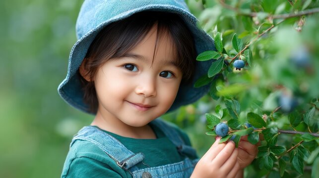 Joyful child picking blueberries in a sunny garden on a summer day