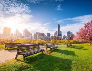 colorful spring park with benches and city skyline under a bright sky