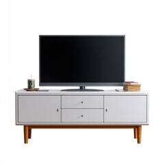 Modern white TV stand with wooden legs and drawers.  A flat screen TV is placed on top.  The style is minimalist and contemporary.