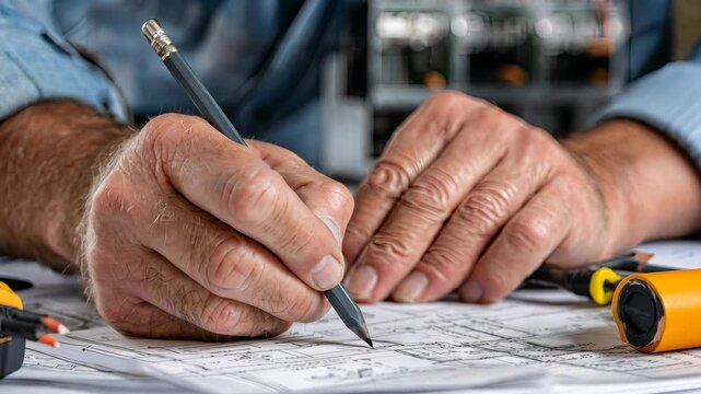 Skilled technician reviews blueprints while preparing for electrical installation project in workshop