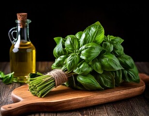 Board with fresh green basil leaves on wooden table