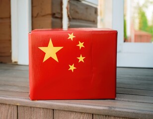 Red parcel with chinese flag on wooden patio steps indicates international shipping