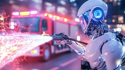 A robot is spraying water from a hose, while a fire truck is in the background