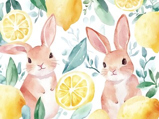 Two cute watercolor bunnies among lemons and leaves.