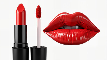 Obraz premium Red Lipsticks and lipstick smear droplet isolated on white background, 3d rendering.
